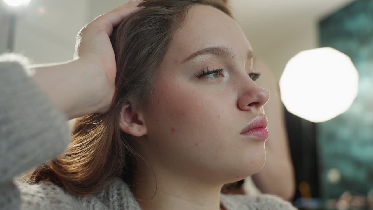 Bright Studio Portrait, Sophisticated Female Portrait Illuminated By Vanity And Studio Lights, Captivating Image Of Young Woman With Styled Hair And Soft Makeup Under Bright Studio Illumination