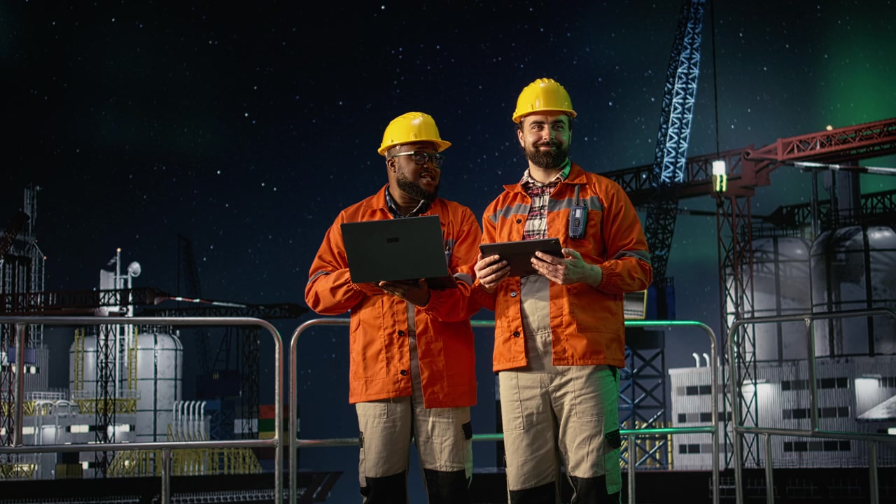 Portrait of smiling drilling barge crew members managing petrol reserves