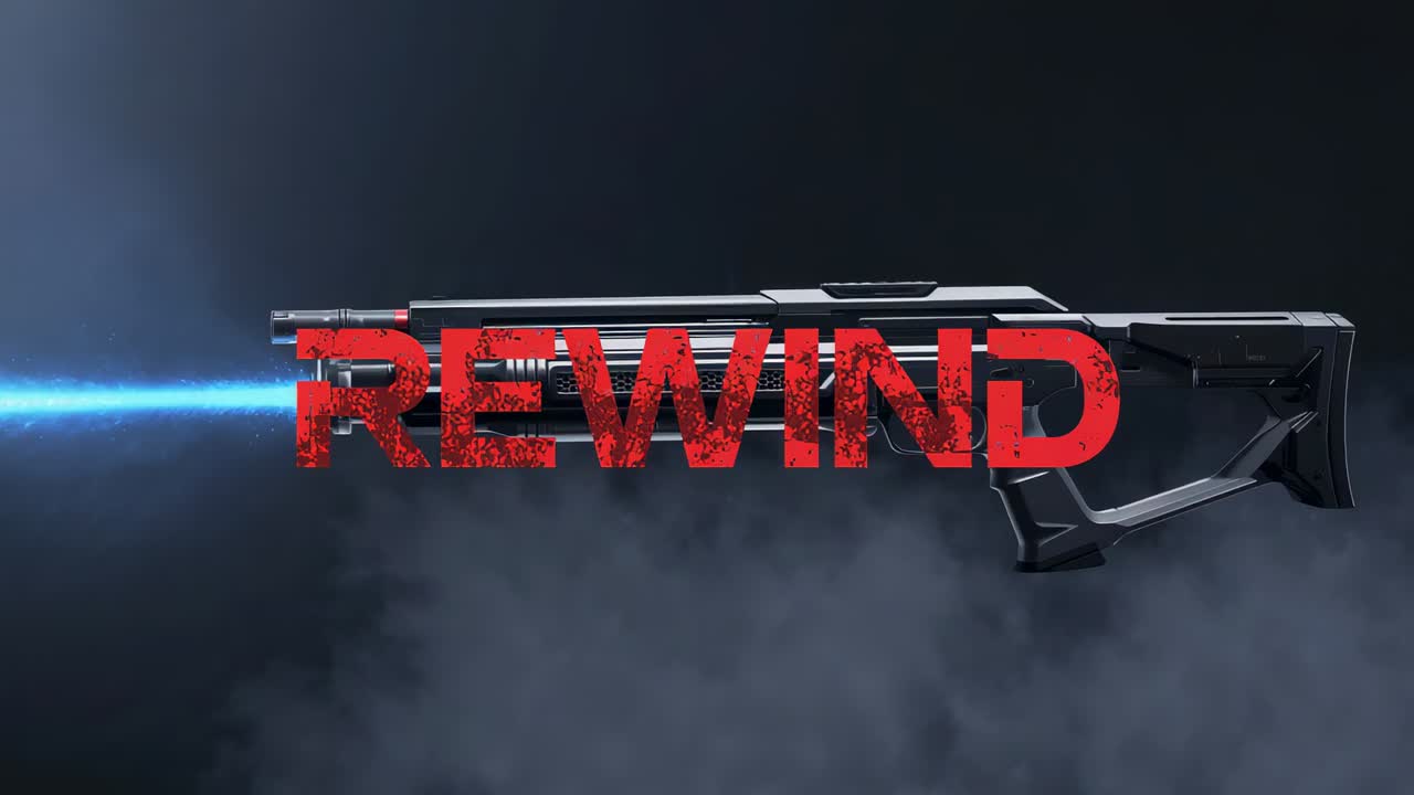 Animating via frames rifle-REWIND graphic rotating for title reveal in studio, with blue beam, fog