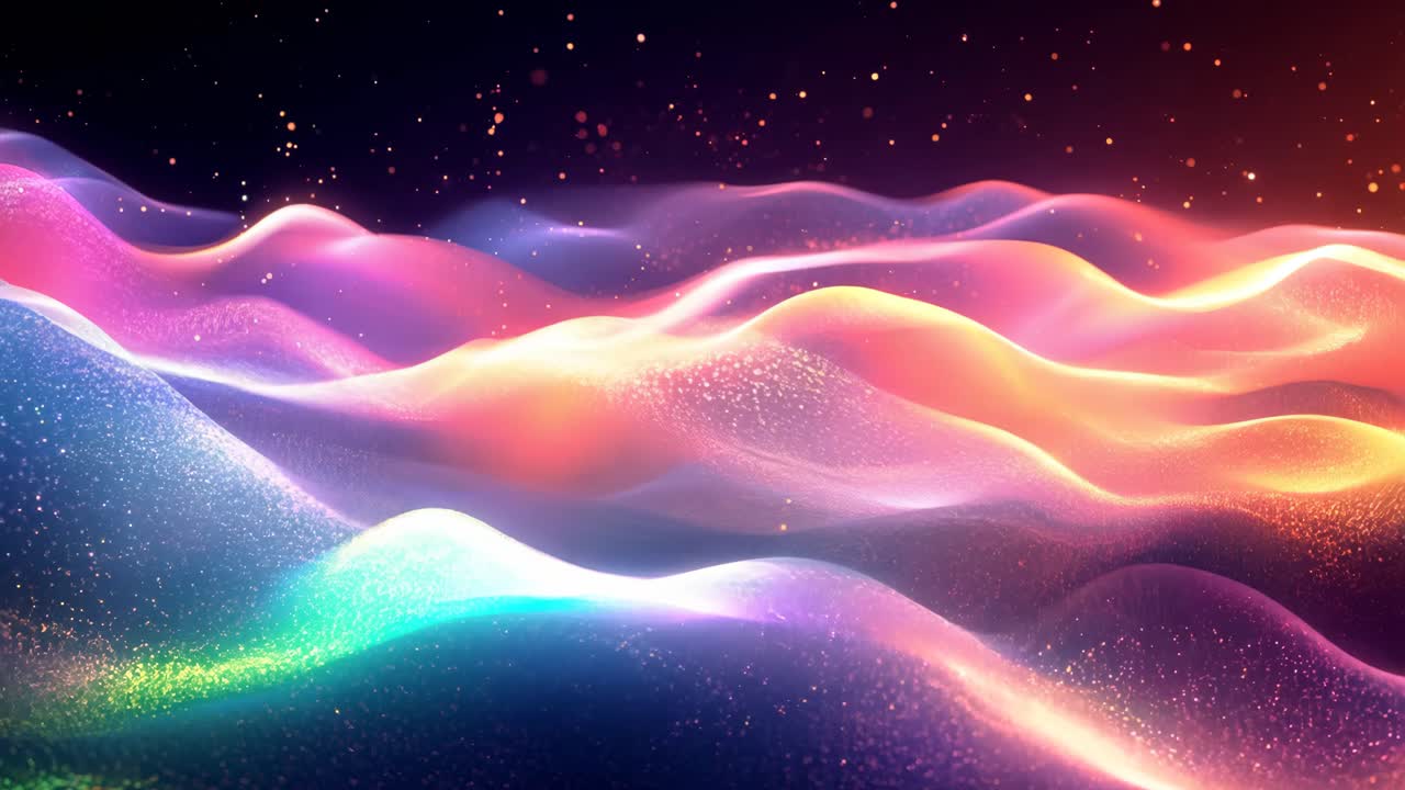 A colorful, glowing landscape with a purple and orange mountain range. The sky is dark and the mountains are illuminated with a bright orange hue