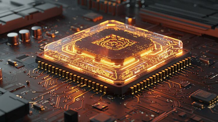 Close-Up of a Glowing Computer Chip on a Circuit Board