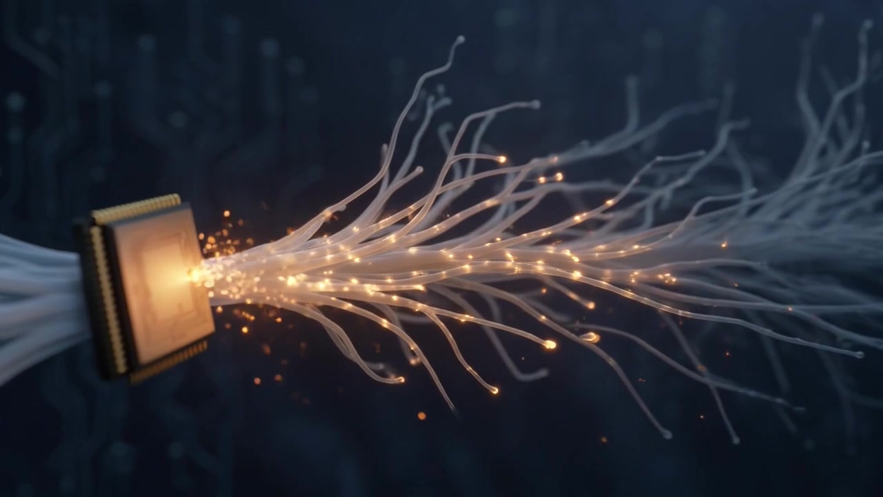 Digitaler Mikrochip verarbeitet Daten über ein Glasfasernetzwerk