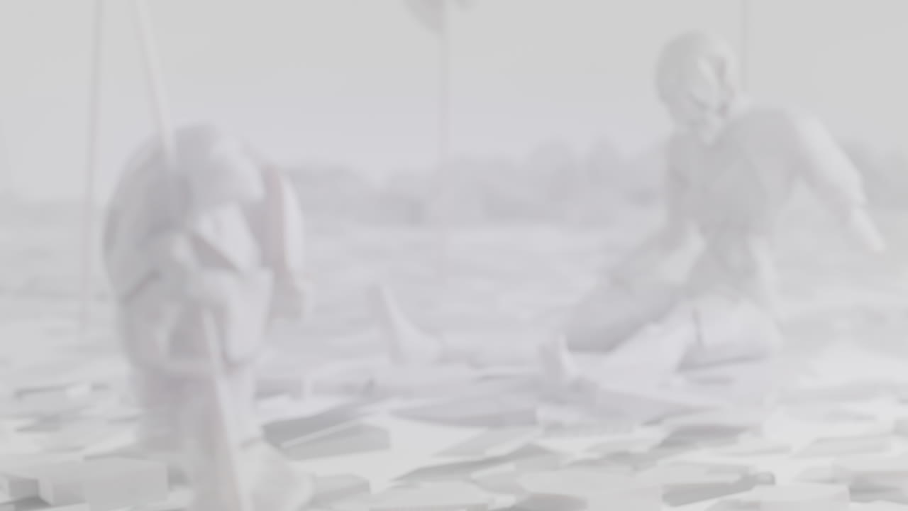 White, crushed android shells on spikes on a foggy junkyard