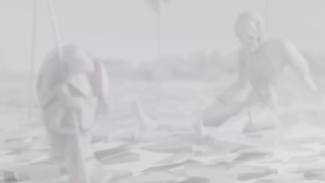 white, crushed android shells on spikes on a foggy junkyard
