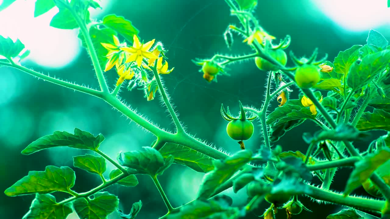 빛에 흐릿한 배경에서 어린 과일과 꽃이 있는 활기찬 초록색 토마토 식물