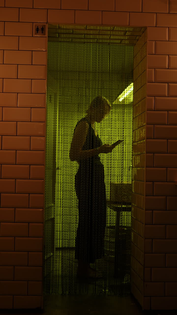 Mysterious Silhouette in a Green-Lit Public Restroom Entrance