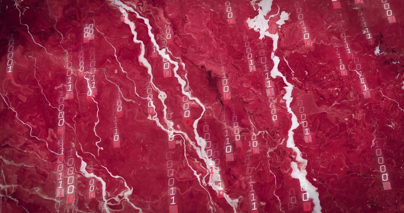 Cifre binarie che appaiono gradualmente e poi scendono a cascata su linee di fiume rosse e texturizzate, formando un paesaggio digitale