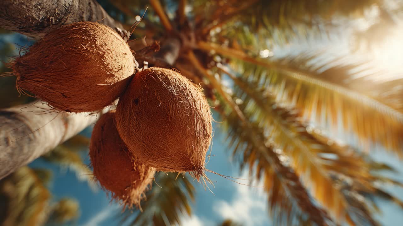 A Captivating View of Coconut Clusters Hanging Gracefully from a Palm Tree Under a Glorious Sunlit Sky, Surrounded by Lush Greenery and Tropical Vibes
