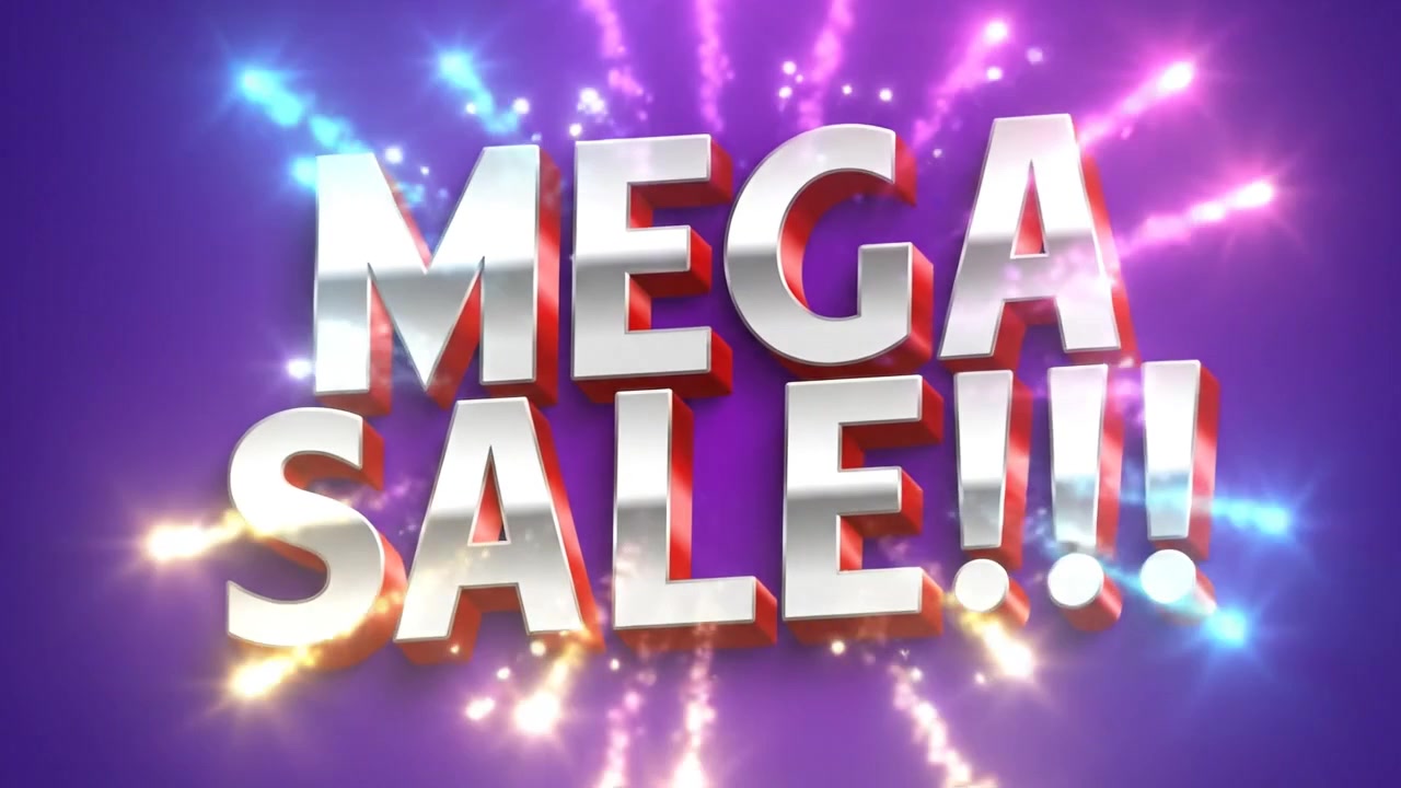 Animazione di banner testuale promozionale Mega Saldi con tipografia 3D vibrante.