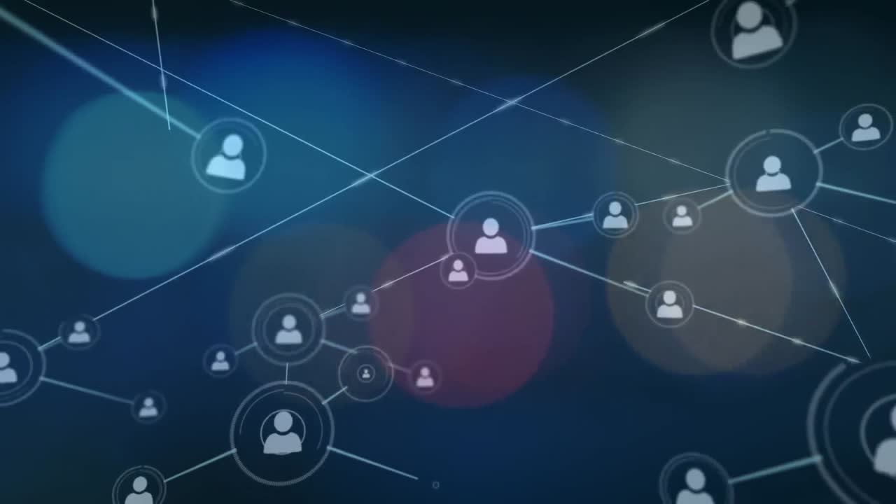 Animation of network of connections with icons on black back ground