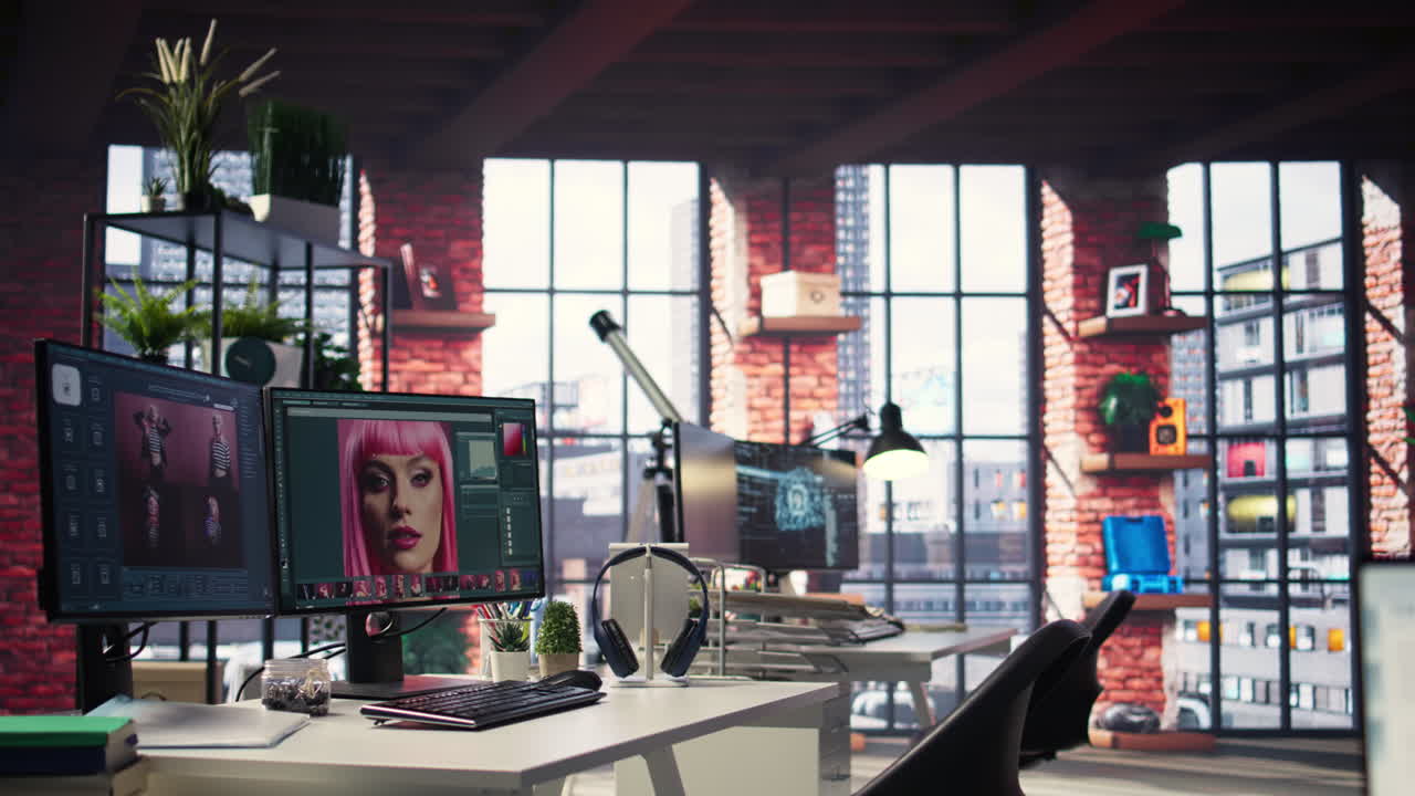 Inspiring creative workspace with professional editing software and AI chat bot