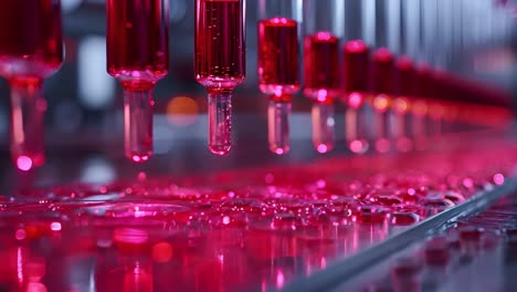 scientific pipettes dispensing red liquid droplets