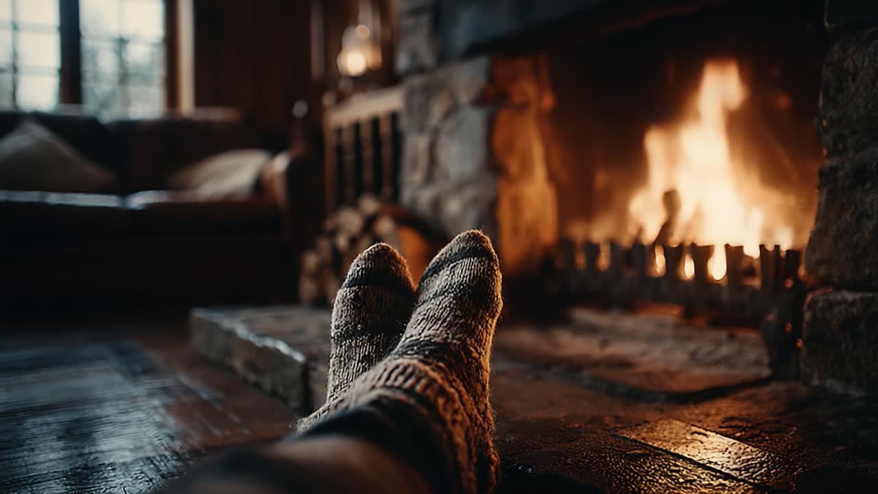 Cozy Winter Moments by the Fireplace: Relaxing Feet in Warm Socks as Flames Dance in a Rustic Setting, Inviting Comfort and Serenity in Cold Weather