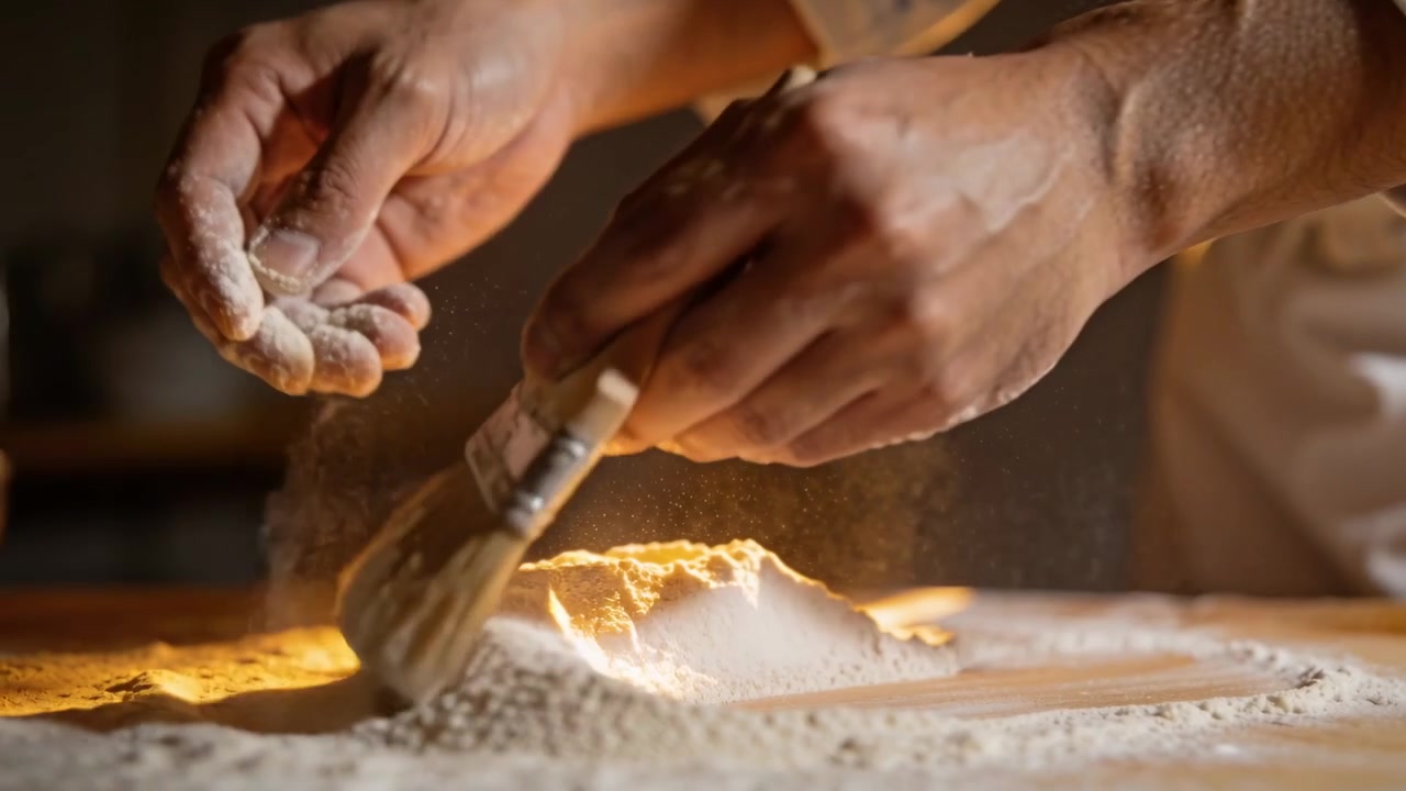 Sprinkling flour chef-sleeved hands shaping well with pastry brush on wood counter for dough