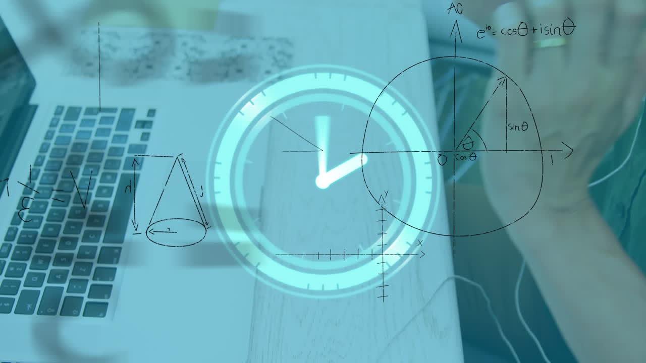 Animation of clock of mathematical formulas over businessman using computer
