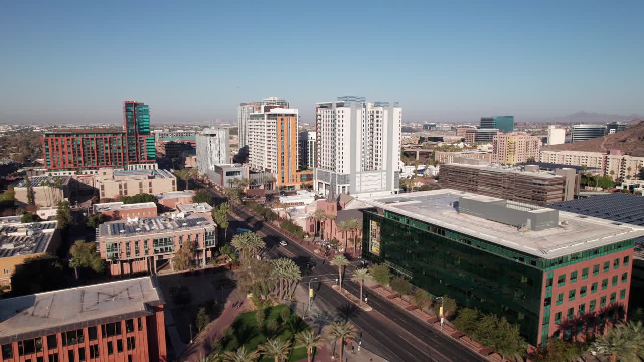 University Drive in downtown Tempe, Arizona, drone shot, 4K