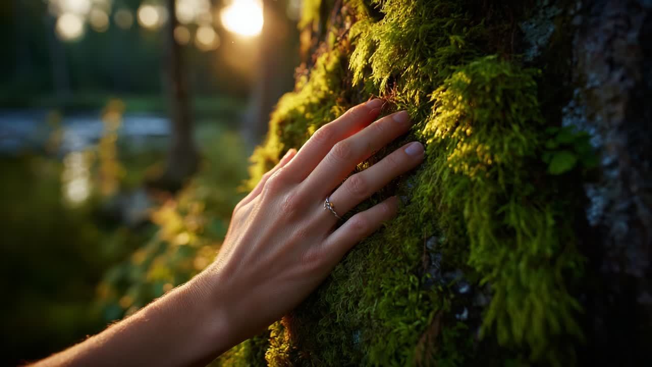 A Serene Moment of Connection with Nature: The Gentle Touch of a Hand on Lush Green Moss as the Sun Sets, Emphasizing the Beauty of Wilderness and Tranquility in an Enchanting Forest Setting