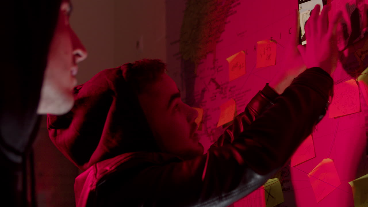 어두운 방에서 해커 공격을 계획하는 두 젊은이