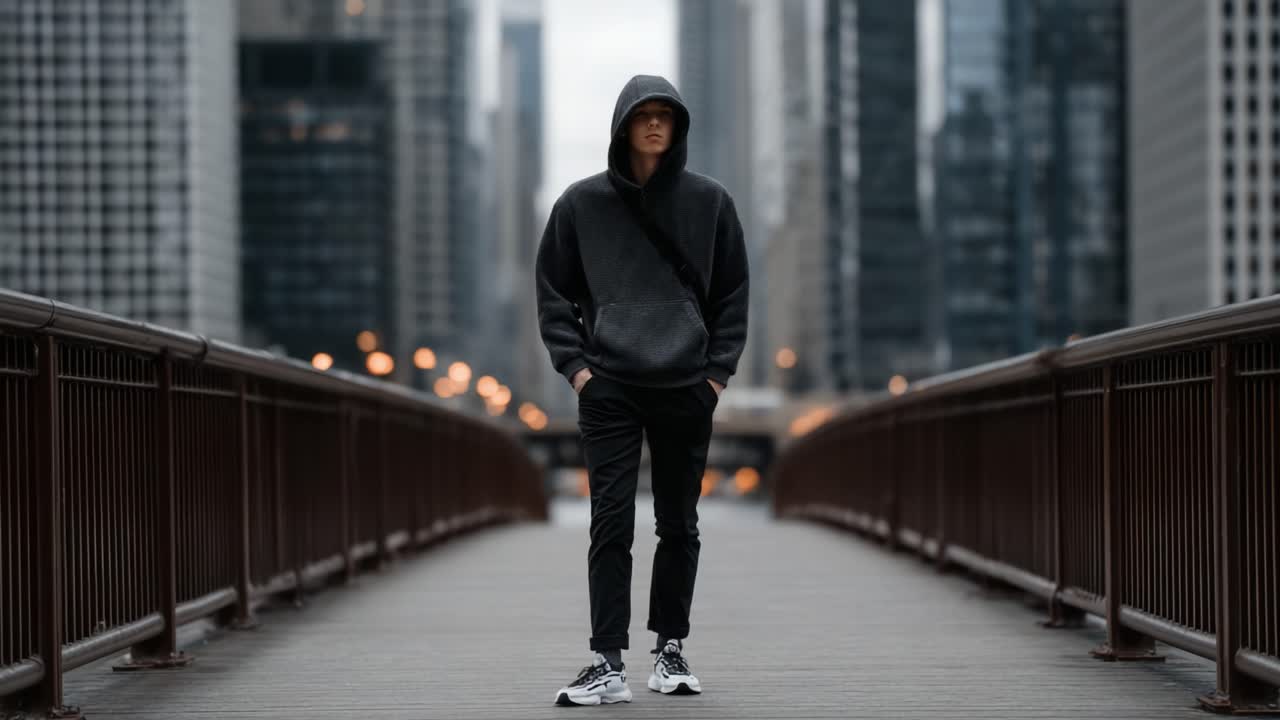 Una figura solitaria si erge su un ponte urbano, avvolta in una felpa con cappuccio sullo sfondo dell'imponente skyline della città, mostrando un mix di moda moderna e solitudine urbana