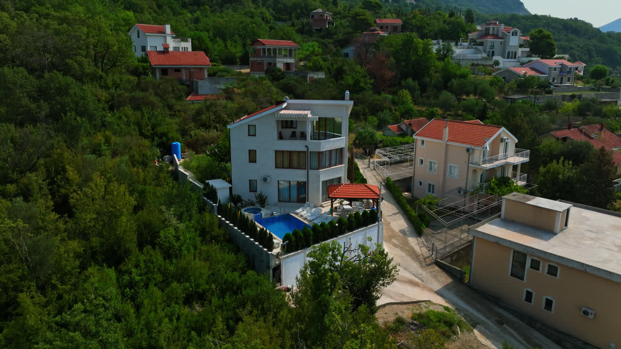Aerial view approaching a luxury villa in the hills of Herceg Novi, Montenegro