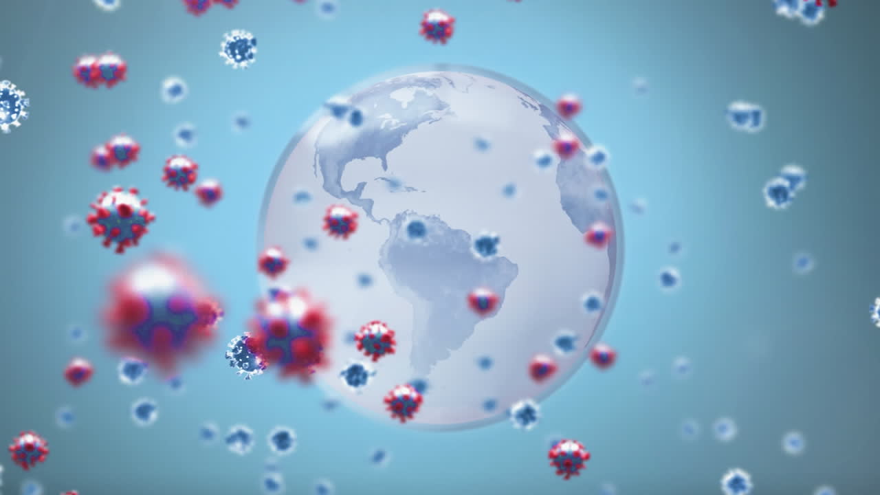 Animazione di cellule 3D di Covid-19 che fluttuano su un globo su sfondo blu.