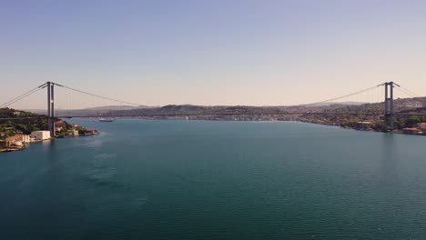 15 july martyrs bridge, bosphorus bridge from sky aerial view. istanbul turkiye.