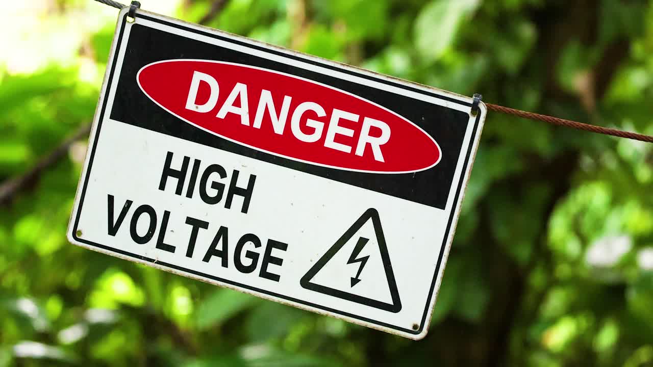 A 'Danger High Voltage' sign swings gently in a lush, green environment under natural lighting