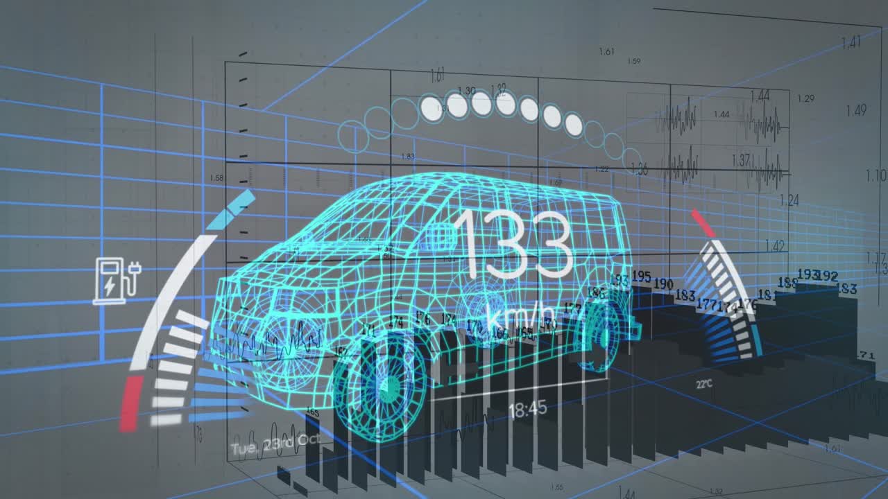 금융 데이터 처리 및 디지털 트럭 모델에 대한 자동차 패널의 애니메이션