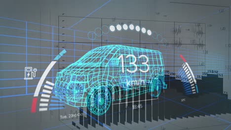 Animation-of-financial-data-processing-and-car-panel-over-digital-truck-model