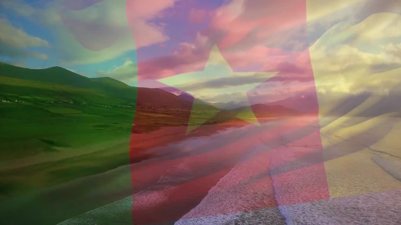 카메룬의  ⁇ 발이 해변 해양 풍경 위에서 날아다니는 애니메이션