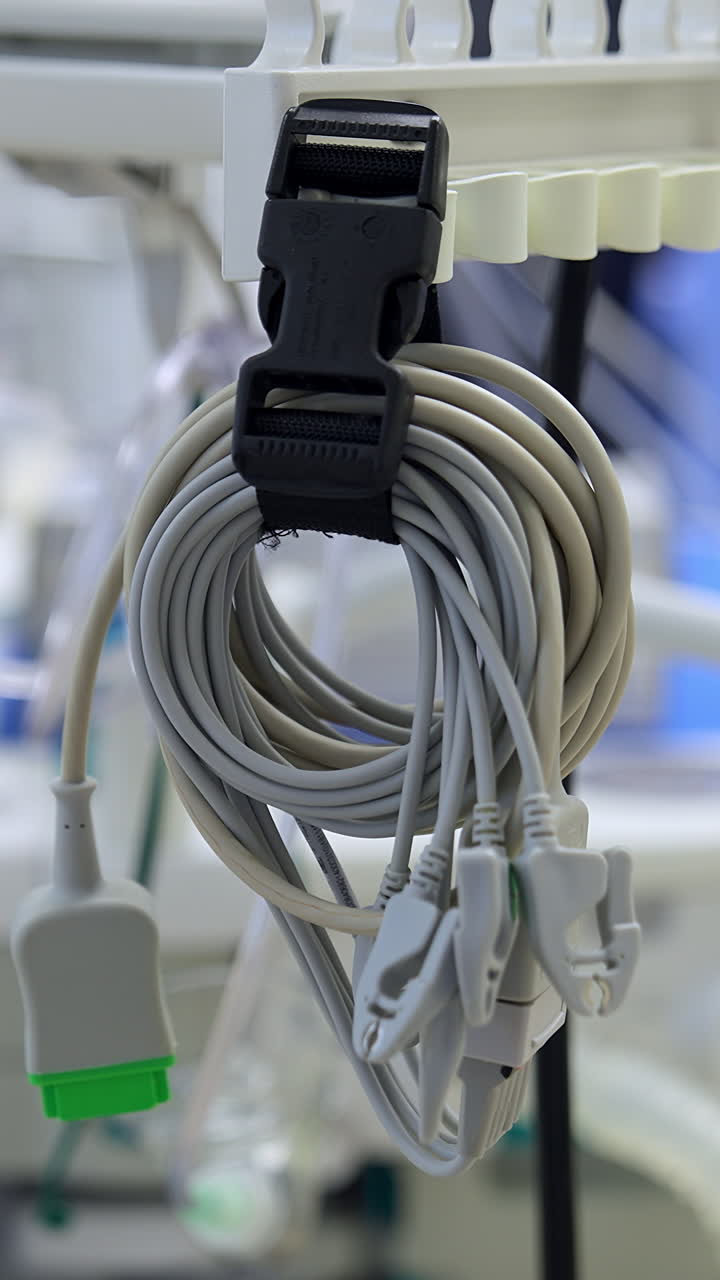 Folded wires from medical equipment and stethoscope hanging in the surgical room. Air pumping machine working at backdrop in blur. Vertical video