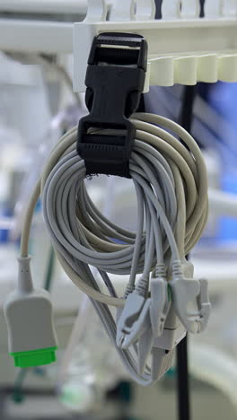 folded wires from medical equipment and stethoscope hanging in the surgical room. air pumping machine working at backdrop in blur. vertical video