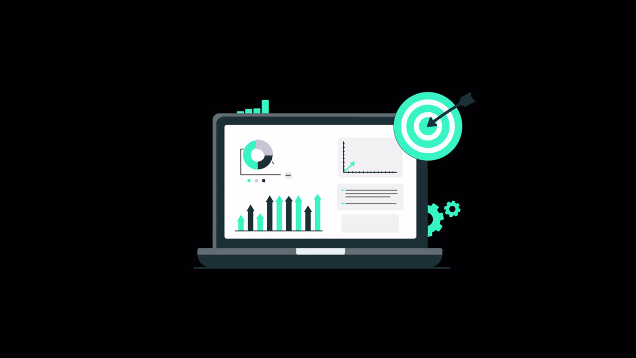 Animated Laptop Displaying Data Charts and Business Goals