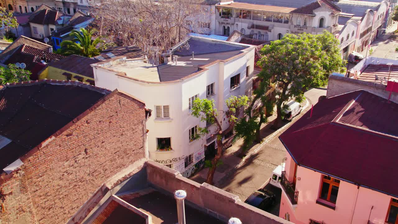 Bird's eye view of the residential buildings of the concha y toro neighborhood with sunset light Santiago Chile
