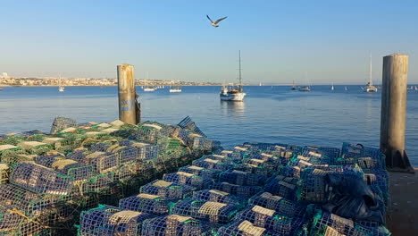 Redes-De-Pesca-De-Langosta-En-El-Muelle,-Verde,-Azul-Y-Blanco,-Barcos-En-El-Fondo