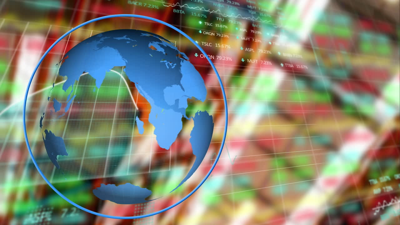 animación del globo y procesamiento de datos financieros sobre el almacén
