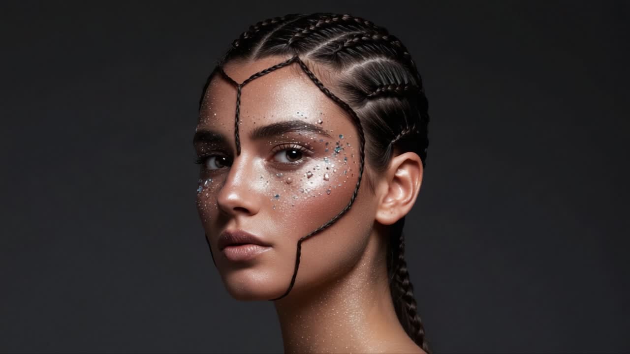 Uno splendido ritratto di una modella con capelli intrecciati intricati, trucco artistico per il viso e accenti glitter scintillanti, che mostra bellezza e creatività uniche