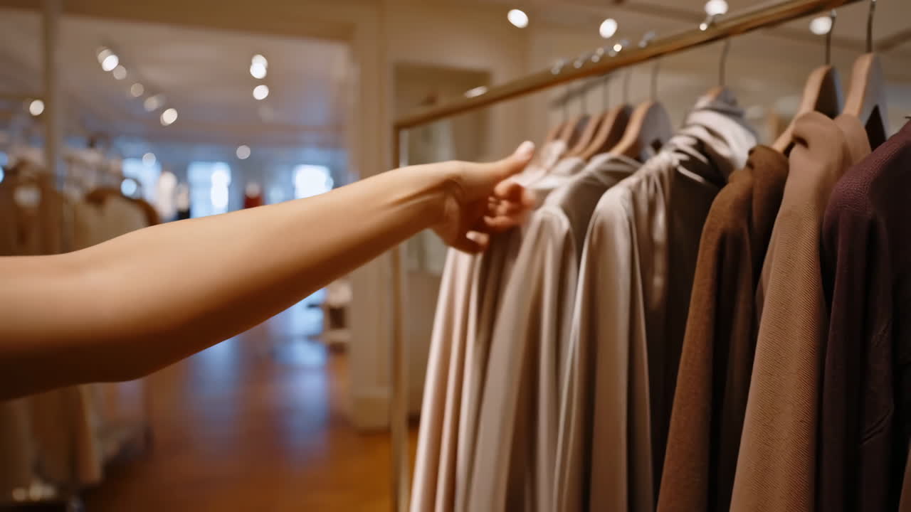 Hand browsing clothes on a rack in a clothing store