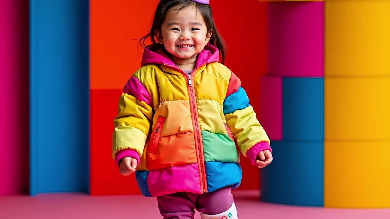A little girl in a colorful jacket and pink hat smiles at the camera