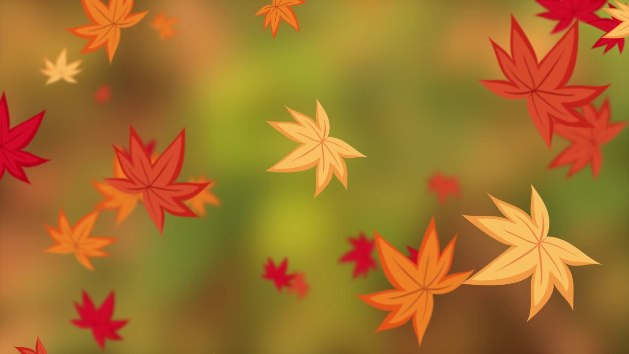 Colorful autumn leaves drift gracefully against a blurred green background, creating a calming and natural visual experience