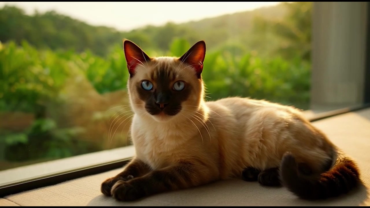 Gatto siamese che riposa vicino a una finestra con vista tropicale