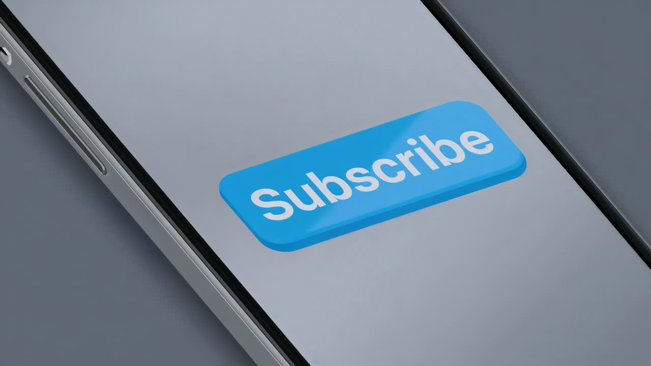 Panning rotating camera over smartphone emphasizing blue Subscribe button on gray table with sheen