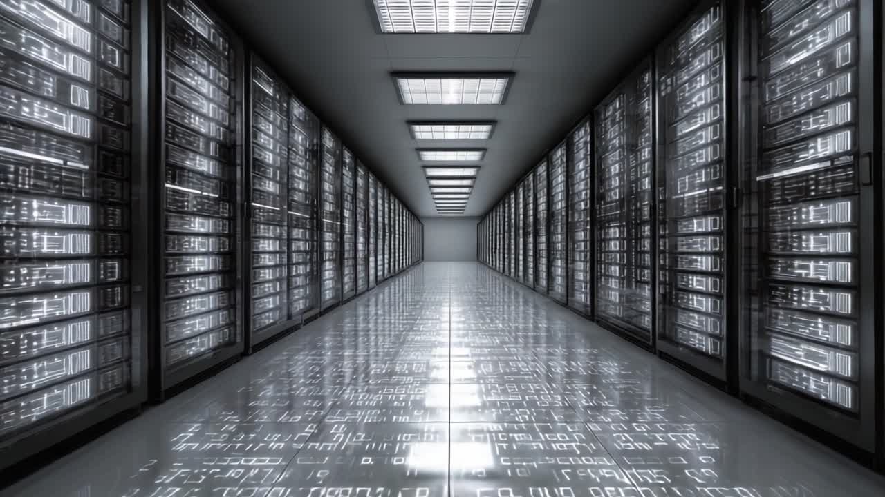 Inside a Modern Data Center: A Stunning Look at Rows of Server Racks, Glimmering Lights, and Digital Information Flowing Across the Floor