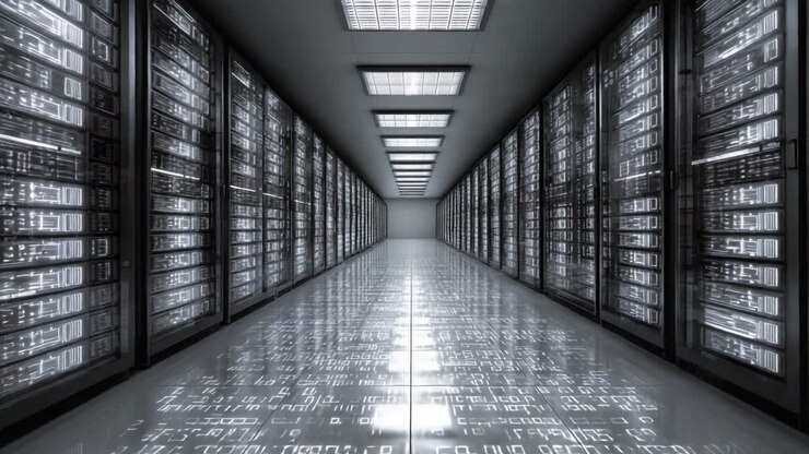 Inde i et moderne datacenter: Et imponerende kig på rækker af serverreoler, glimtende lys og digital information, der strømmer hen over gulvet
