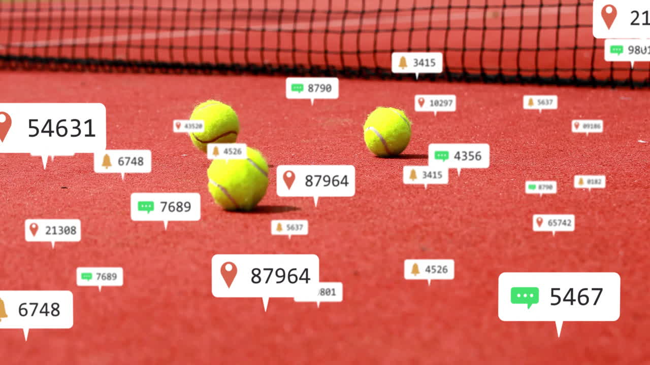 Tennis balls on court with animation of social media notifications and location tags
