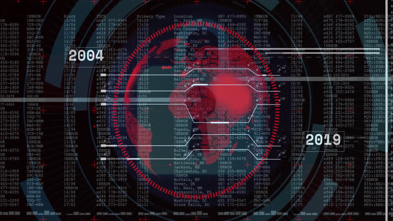 Animated HUD showing rotating red-cyan globe with hexagon overlay and error code columns