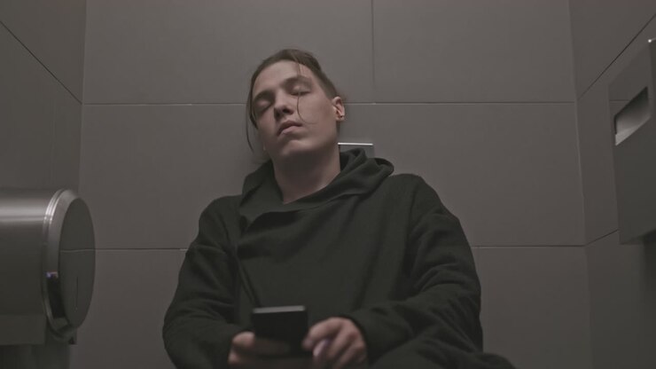 человек, сидящий на туалете в ванной