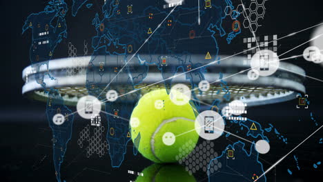 3d render tennis ball hovering before racket while transparent digital overlay mapping global data
