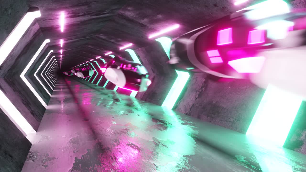 футуристический длинный туннель с летающими машинами. роботы на сиденье водителя. искусственный интеллект и концепция будущего. беспрепятственный цикл 3d рендеринга.