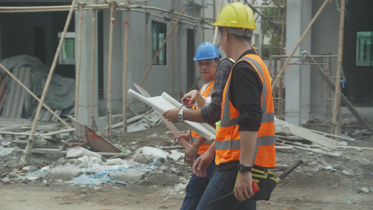 grupo de ingenieros y arquitectos con contratista caminando e inspeccionando el sitio de construcción del esquema para planificar el proyecto para el trabajador y mirando el plan, el sitio de la construcción, el desarrollo y la estructura.